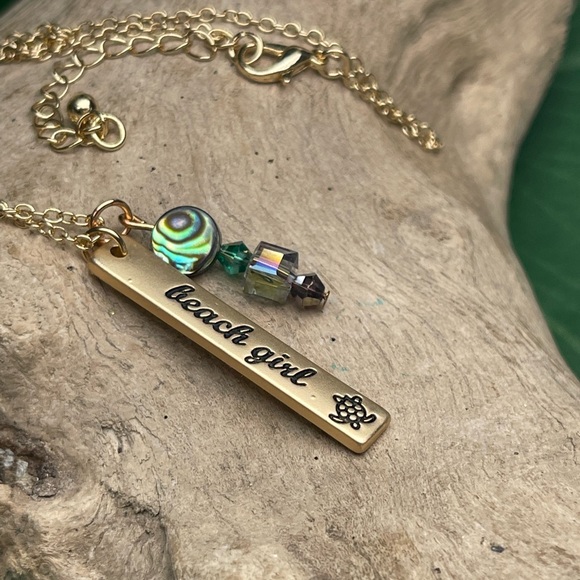 Gold or Silver Stamped BEACH GIRL Pendant w Abalone Shell Crystal Beads Necklace - Picture 7 of 16